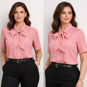 NWT Pink Office Chic Neck Bow Blouse Top Women L Button Shirt Short Sleeve